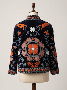 OEM Custom <b>Women</b> Vintage Floral Embroidered Navy <b>Velvet</b> Jacket Boho Short Open Front <b>Coat</b> Fall Winter Ethnic Outerwear Wholesale - Product Image 2