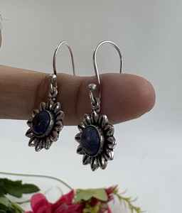 Pendientes de Plata con Lapislázuli Natural, Diseño de Flor de Sol, Minimalistas, Clásicos, Colgantes, Joyería de Moda - Product Image 2