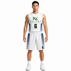 Ensemble de maillots de basket-ball sublimés personnalisés pour hommes, blanc et bleu marine, uniforme en mesh rayé, tenue d'équipe avec shorts, fabricant OEM - Product Image 1