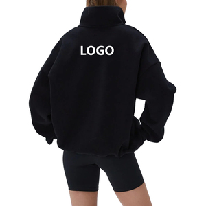 <b>Women's</b> Oversized <b>Quarter</b> <b>Zip</b> Sweatshirt Solid Color Drop-Shoulder Stand Collar Cotton Knitted Breathable Front Logo Autumn Wear - Product Image 4