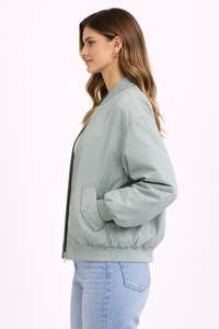Chaqueta bomber verde salvia para mujer, ligera, con cremallera, informal, con puños acanalados, bolsillos con broche, ropa de calle. - Product Image 2