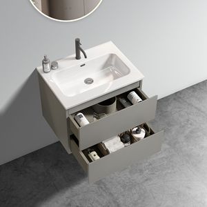 Tocador de baño montado en la pared gris espacial moderno de 24 \ "fregadero de cerámica de almacenamiento grande un orificio de grifo diseño flotante preensamblado - Product Image 4