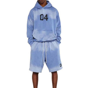 Ensemble short et sweat à capuche pour homme, personnalisé OEM, hiver, épais, avec patch brodé, délavé à l'acide, effet soleil, haute qualité, respirant - Product Image 1