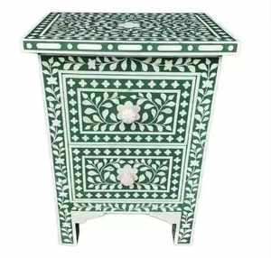 Mesa Consola Moderna Tradicional Hecha a Mano con Incrustaciones de Hueso y Rayas, en Madera Gris para Entrada, con Taburete para Uso Doméstico - Product Image 1