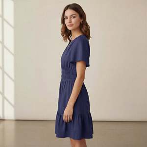 Vestido Corto Elástico de Algodón Puro Azul para Mujer, con Mangas Cortas, Tela Ligera y Estilo Moderno - Product Image 1