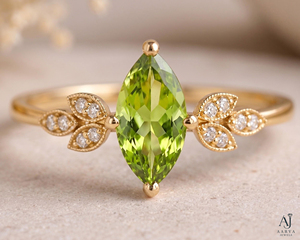 Anillo de Moissanita con Corte Marquesa y Peridoto, Chapado en Oro sobre Plata de Ley, Diseño de Racimo de Hojas, Joyería para Regalo de Boda o Compromiso - Product Image 2