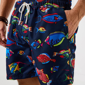 Short de bain pour homme bleu marine à imprimé poisson, séchage rapide, avec cordon de serrage, short de plage décontracté - Product Image 3
