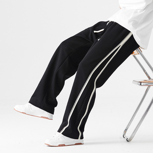 <b>Men's</b> Casual Knitted Sweatpants Autumn Midweight Straight <b>Trousers</b> with Side Stripe <b>Elastic</b> <b>Waist</b> - Product Image 2