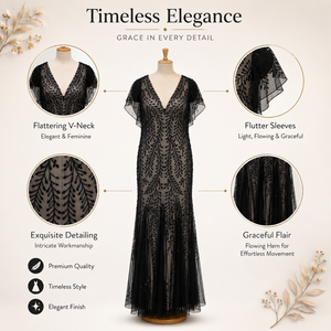 Elegant Black Embroidered Mesh Evening Gown for Women V Neck Flutter Sleeve Formal Maxi Dress Party Wedding Guest Prom Dress - Product Image 5