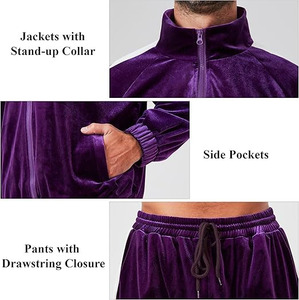 Ensemble de sport de luxe pour homme en velours violet foncé, décontracté, deux pièces, avec bande latérale blanche professionnelle - Product Image 5