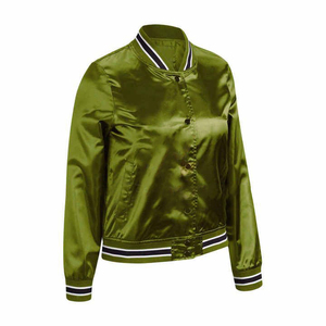 Chaqueta de satén vintage para mujer, color oliva, con cuello y puños a rayas en contraste, cierre frontal con botones, abotonadura sencilla, venta al por mayor OEM - Product Image 3