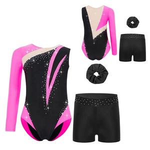 Tenue de danse latine, de gymnastique et de patinage artistique pour filles de 6 à 16 ans, justaucorps avec short et coiffe, ensemble pour spectacles et récitals - Product Image 5