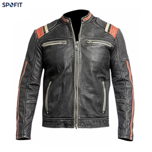 Veste de moto en cuir noir lavé pour homme, style vintage Cafe Racer, avec bandes de course orange, en cuir de vachette véritable - Product Image 1