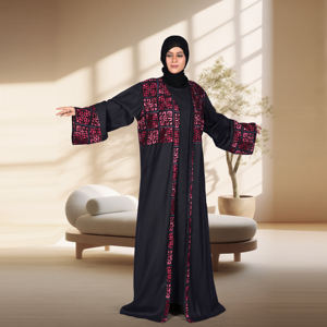 Abaya ample ouverte sur le devant en lin brodé, à motifs unis traditionnels, élégante et modeste, longueur ras du sol, pour l'Aïd et le Ramadan, de créateur - Product Image 4