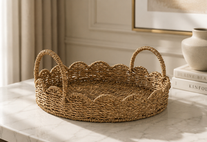 Hand Woven Seagrass Scallop Round <b>Tray</b> with 2 Handles Multifunction <b>Tray</b> Ecofriendly - Product Image 1