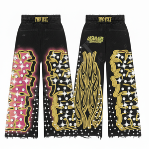 กางเกงแฟชั่นทรงขาบาน ดีไซน์เก๋ไก๋ พิมพ์ลายโลโก้แบบพัฟพร้อมตกแต่งคริสตัล ลายเปลวไฟ ดีไซน์ขาดๆ แบบดิสเทรส - Product Image 6