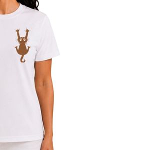 Camiseta Blanca Personalizada para Mujer con Estampado Gráfico de Gato, Manga Corta, Cuello Redondo, Top Informal de Tela Suave, Ropa de Moda de Verano - Product Image 4