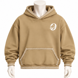 Khaki Stitched Border Distressed Pullover <b>Hoodie</b> <b>Oversized</b> Sweatshirt Contrast <b>Stitch</b> Kangaroo Pocket Casual Streetwear Wear - Product Image 1