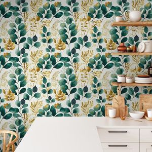 Carta da Parati Moderna Adesiva con Motivi Botanici in Acquerello, Decorazione Murale Autoadesiva con Piante e Foglie Verdi, Dorate e Bianche - Product Image 2