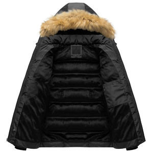 Veste d'hiver rembourrée en duvet pour homme, noire, à capuche, avec garniture en fourrure, coupe-vent, coupe classique, style décontracté, fermeture éclair - Product Image 3