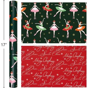 Rotolo di Carta da Regalo Verde Natalizia con Design Reversibile, Lucentezza Metallica, Ballerina, Fiocco di Neve, Decorazioni Natalizie - Product Image 3