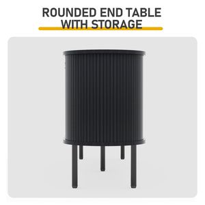 Soporte de TV de tablero de partículas negro con relieve y puertas correderas de listones, centro de entretenimiento con mesa ovalada de 147x35x58cm y diseño moderno - Product Image 5