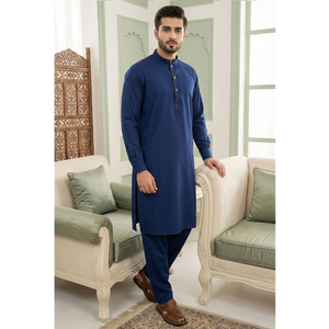 FAMUCAAS Kurta Azul de Algodón para Hombre, Ropa Casual Tradicional India y Pakistaní, Corte Regular, Largo hasta la Rodilla, Mangas Largas - Product Image 1