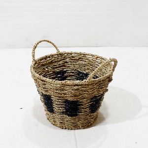 Panier à linge en jonc de mer tendance pour la décoration intérieure, ensemble de bacs de rangement ronds avec motif noir et poignées - Product Image 2