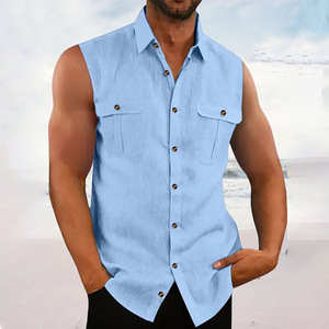 Camisa Casual de Verano para Hombre, Sin Mangas, de Color Sólido, 100% Algodón, Transpirable, con Protección UV, de Secado Rápido, con Botones - Product Image 1