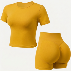 Lightweight <b>compression</b> Womens yellow yoga Set <b>Short</b> Sleeve Fitness Top quick dry High Waist Scrunch <b>Shorts</b> Gym Sportswear - Product Image 1