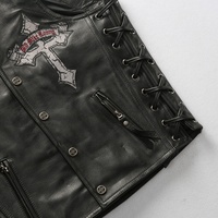 Veste de club MC en cuir de vache véritable avec lacets latéraux, patch brodé tête de mort et croix au dos, veste de motard