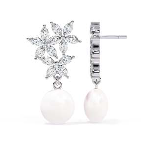 Boucles d'oreilles en or blanc pour femmes, perles et diamants taille marquise, motif floral, bijoux de mariage classiques - Product Image 1