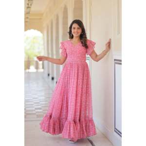 Faux Georgette Floral Print Flared Evening Gown - Product Image 2