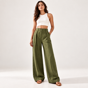 Women's <b>Linen</b> <b>Cropped</b> Wide Leg Pants Elastic Waist Casual Palazzo <b>Trousers</b> with Pockets - Product Image 3