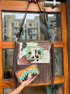 Nouveau véritable sac à main en cuir de fourrure de vachette usiné à la main occidental femmes sac de soirée élégant et pochette en fourrure usinée ensemble Combo Unique - Product Image 4