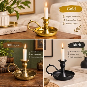 Golden Brass Chamberstick <b>Candle</b> Holder Vintage Taper Stick Stand with Decorative Loop Handle and <b>Tray</b> Base for Home Table decor - Product Image 3