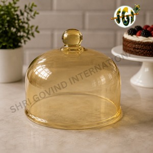 Cloche en verre soufflé à la main avec poignée à bouton, couleur ambre, pour présentation de gâteaux - Product Image 2