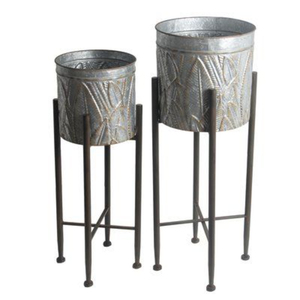 Set of 2 Farmhouse Galvanized Metal Planters with Stands Embossed Leaf Pattern Indoor Outdoor Flower <b>Pots</b> for Home Garden Use - Product Image 1
