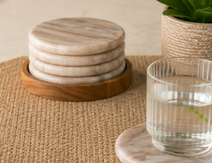 Luxury Eco-Friendly Durable White Marble Coaster Set Acacia Wood Holder Handmade Stone Drink Coasters Table Protection Decor - Product Image 5