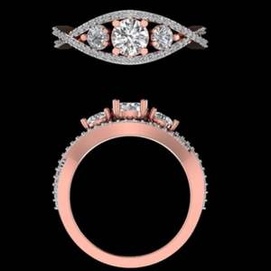 Elegante anillo de diamantes de oro rosa con tres piedras y halo retorcido para mujer, ideal como regalo de compromiso o aniversario. - Product Image 2