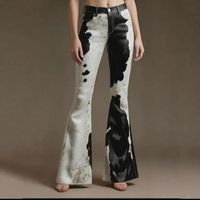 Pantalon d'hiver pour femme en cuir véritable, style streetwear, haute qualité, longueur intégrale, entrejambe bas, fermeture boutonnée, noir et blanc, fait main