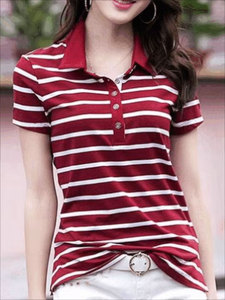 เสื้อยืดพิมพ์ลายทาง ปกพับได้ ทรงปกติ แขนสั้น สวมใส่สบาย สำหรับฤดูใบไม้ผลิและฤดูใบไม้ร่วง เสื้อผ้าผู้หญิง - Product Image 1