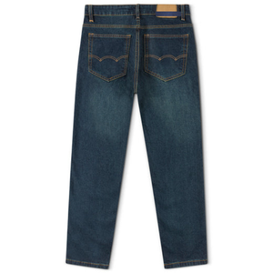 Jean en denim coupe droite bleu foncé pour homme, en coton, style streetwear décontracté, uni, vintage, respirant, poids moyen, tricoté, délavage clair, avec logo - Product Image 5