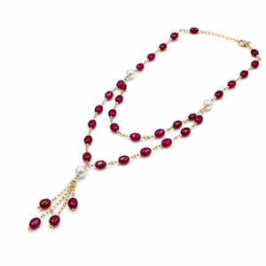 Custom Rhodium Plated <b>Necklace</b> Red <b>Ruby</b> Gemstone Beaded Dual Layer Lariat Pearl Tassel Drop Chain Fine Women Luxury Gift Jewelry - Product Image 2