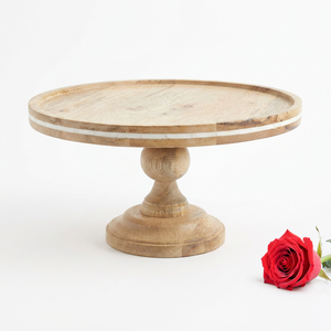 Handmade Wholesale Custom DECORYUG Eco-Friendly Wooden <b>Cake</b> <b>Stand</b> <b>White</b> Inlay RESU Stripe Natural Solid Wood Dessert Display - Product Image 1