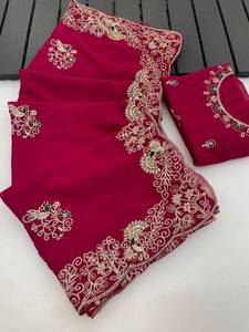Embroidery Sequence Work Designer Party Wear Contrast Blouse <b>Women</b> Style Star Georgette <b>Saree</b> With Multi Thread Coding - Product Image 5