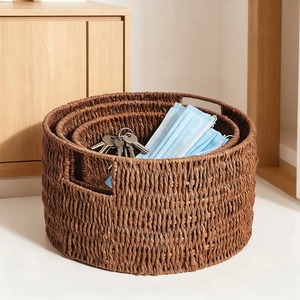 Set of 3 Round Seagrass <b>Baskets</b> with Convenient Handles Handmade <b>Storage</b> <b>Basket</b> Wholesale eco-friendly Made in Vietnam - Product Image 1