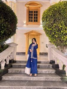 Women's Blue Embroidered <b>Silk</b> Kurta Set With <b>Palazzo</b> <b>Pants</b> And Dupatta Traditional Indian Pakistani Wedding Wear Floor-Length - Product Image 6