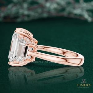 Bold Radiant Cut Diamond <b>Statement</b> <b>Ring</b> With Trapezoid Side Stones, Three Stone Design, Hidden Halo Solid Gold Band Ladies <b>Ring</b> - Product Image 6