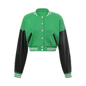 Chaqueta Varsity para Mujer, Color Negro Sólido con Ribete Naranja en Contraste, Manga Larga, Cierre de Botones, Cuello Camisero, Poliéster, Ropa de Otoño - Product Image 3